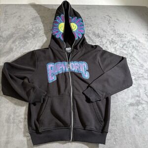 EUPHORIC 777 Men's Full Zip Black Hoodie Flower Medium Y2K Style